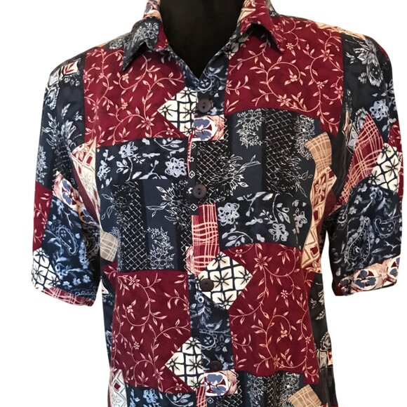 Jessica Stevens Paisley Floral Blouse: Vintage 80s Rayon Tunic, Magenta Blue, M - Picture 8 of 9